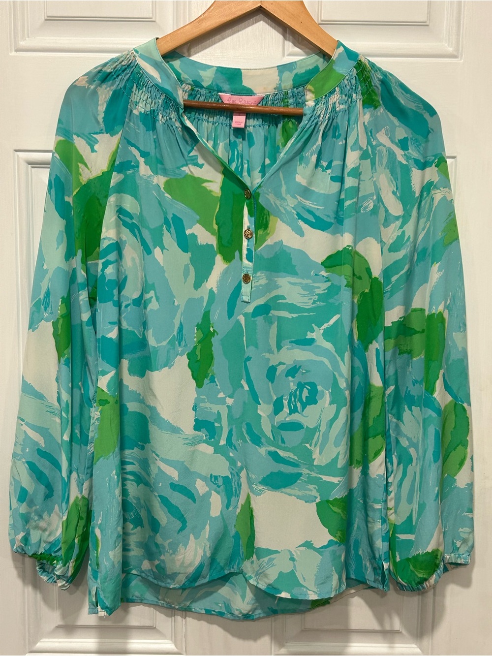 Lilly Pulitzer Elsa Silk Blouse Poolside Blue Floral Tunic Top 100% Silk Small